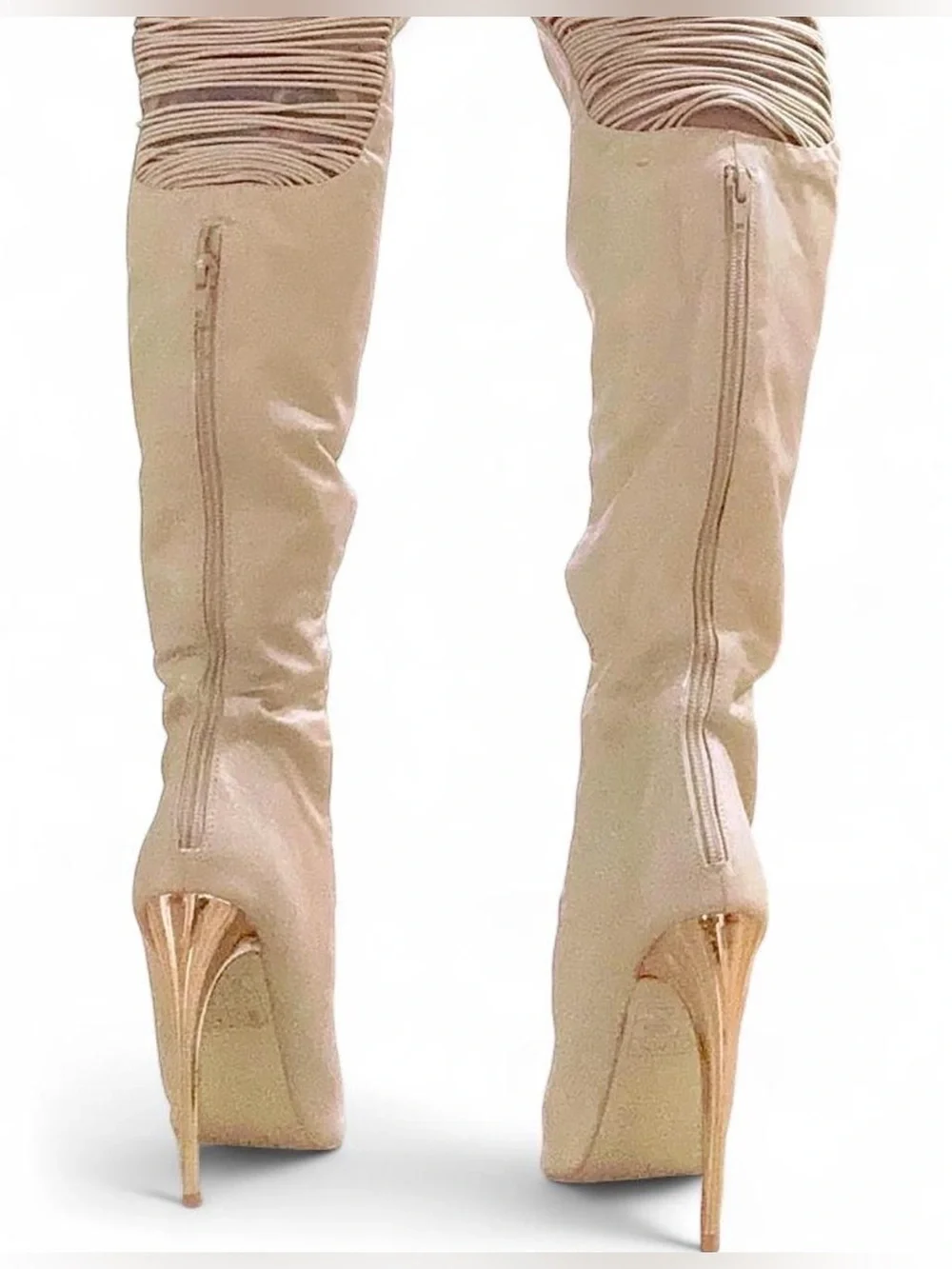 bebe Beige Over-the-Knee Stiletto Boots with Braided Panel